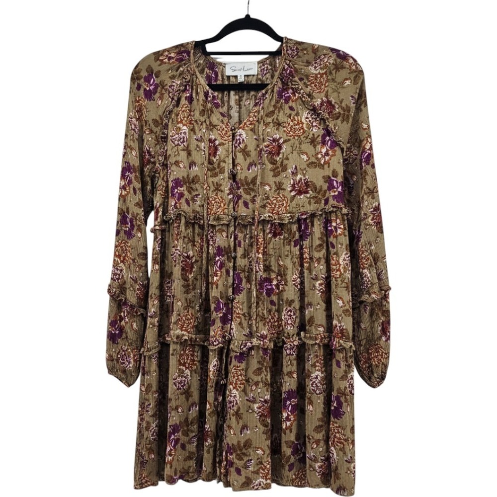 Sweet Lemon Floral Tiered Boho Mini Dress Medium Prairie Earthy Cottage
